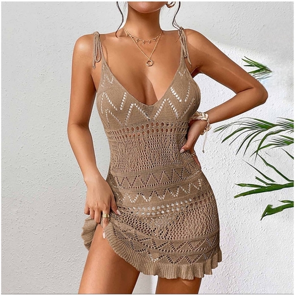 None Other - Elegant Brown Knit Swim Coverup